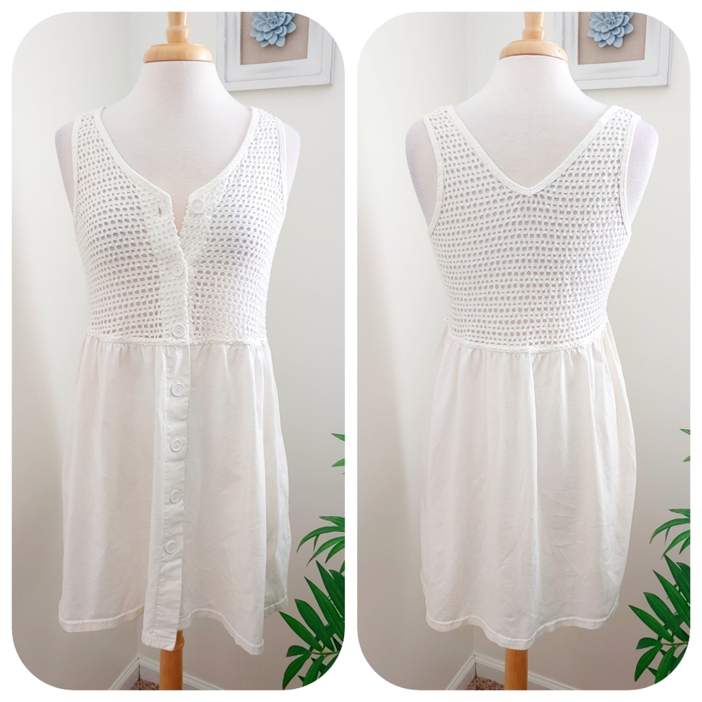 Baja Blue Boho Vintage Sheer Crochet Button Down Mini Dress White Medium